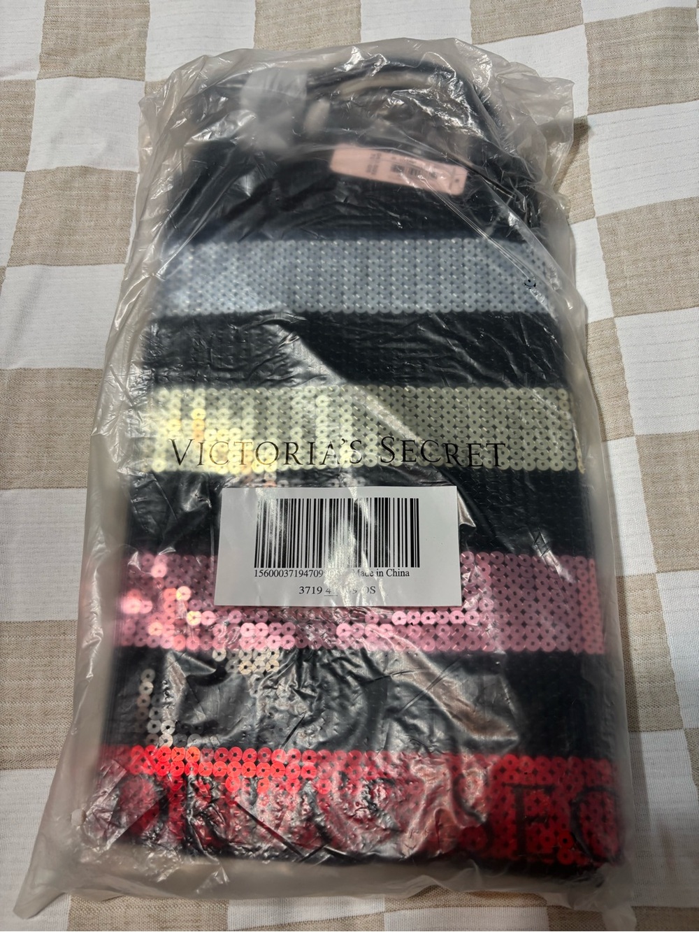 Victoria's Secret Black, Pink, Gold, Silver Striped Sequin Pouch